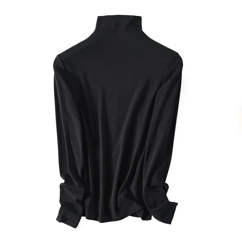Women's Wool Slim Round Neck Half High Neck Long Sleeve T-shirt - Black Half High Neck