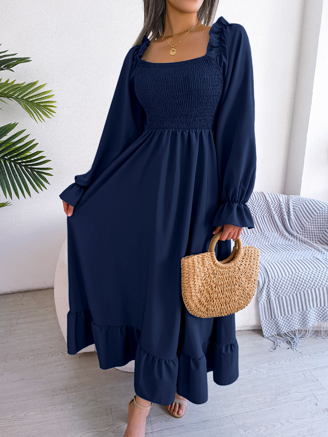 Women’s Casual Square Neck Bell Sleeve Flowy Ruffle Maxi Dress