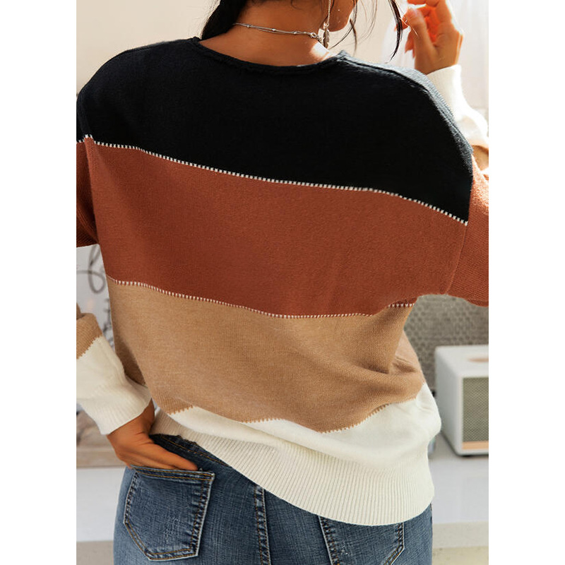 European And American Stripes Contrast Color Long-Sleeved Round Neck Knitted Sweater Women