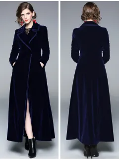 Women's Over-the-knee Long Velvet Coat - Navy - View 1