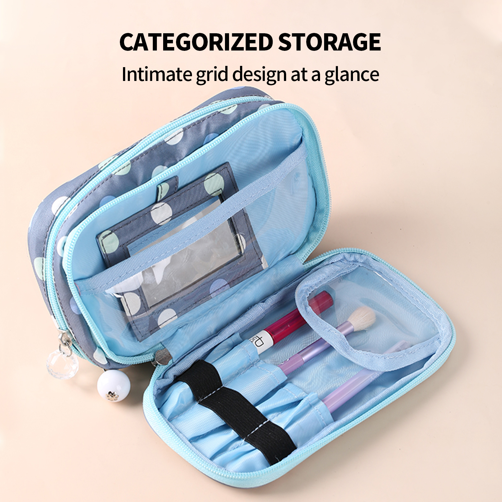 2 Layer Makeup Bag W Mirror Travel Cosmetic Bag Organizer Brush Slots Portable