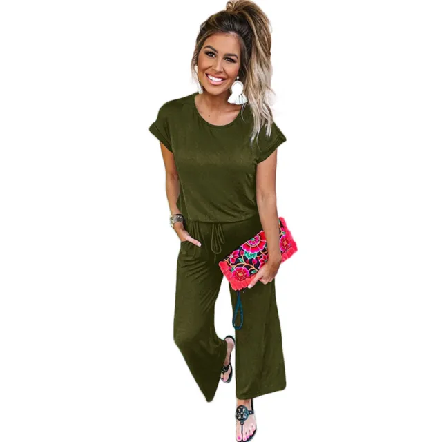Women's New Casual Pockets Lace Up Women's Trousers Solid Color Wide Leg Jumpsuit Army Green - Shop at LoveMi