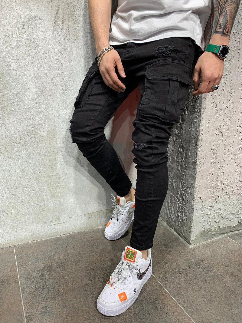 Title 5, Mens Skinny Multi Pocket Ripped Cargo Jeans of...