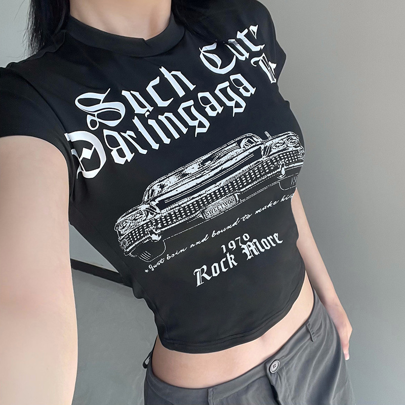 Round Neck Letter Machine Printed Short-sleeved Top