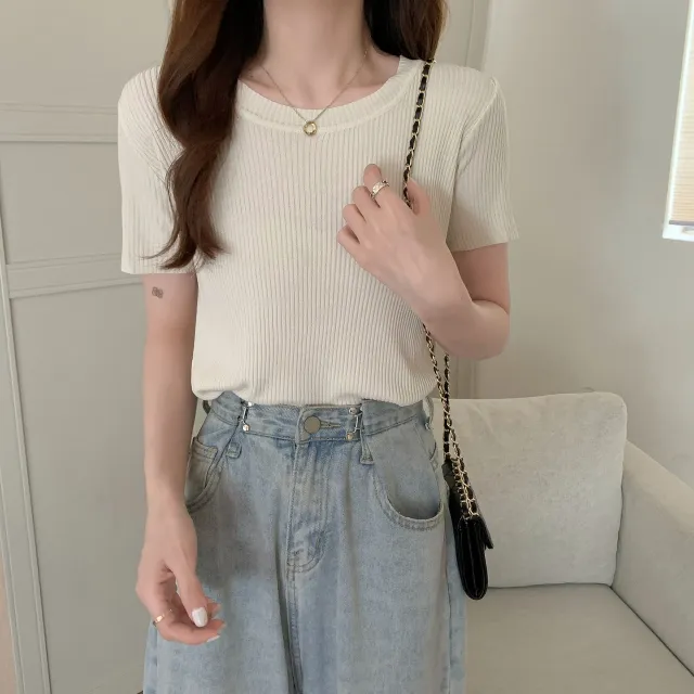 Women's Round Neck Ice Silk Knit Short Sleeves Apricot - Shop at LoveMi