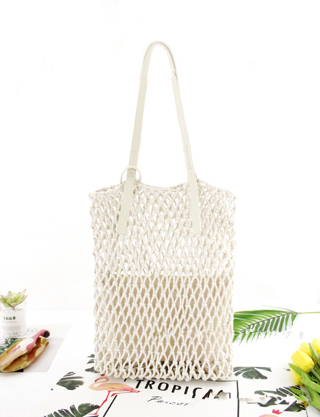 Leather Bottom Cotton Thread Net Pocket Hand-tie Hollow Straw Woven Bag
