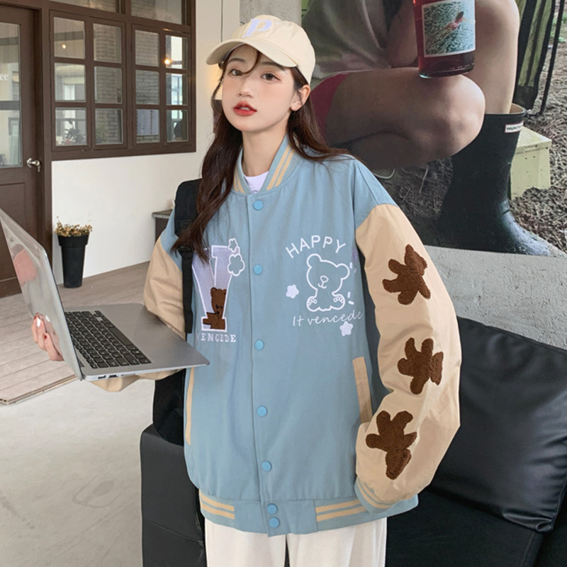 Autumn Embroidery Bear Trend Jacket Baseball Uniform Blue - Shop at LoveMi