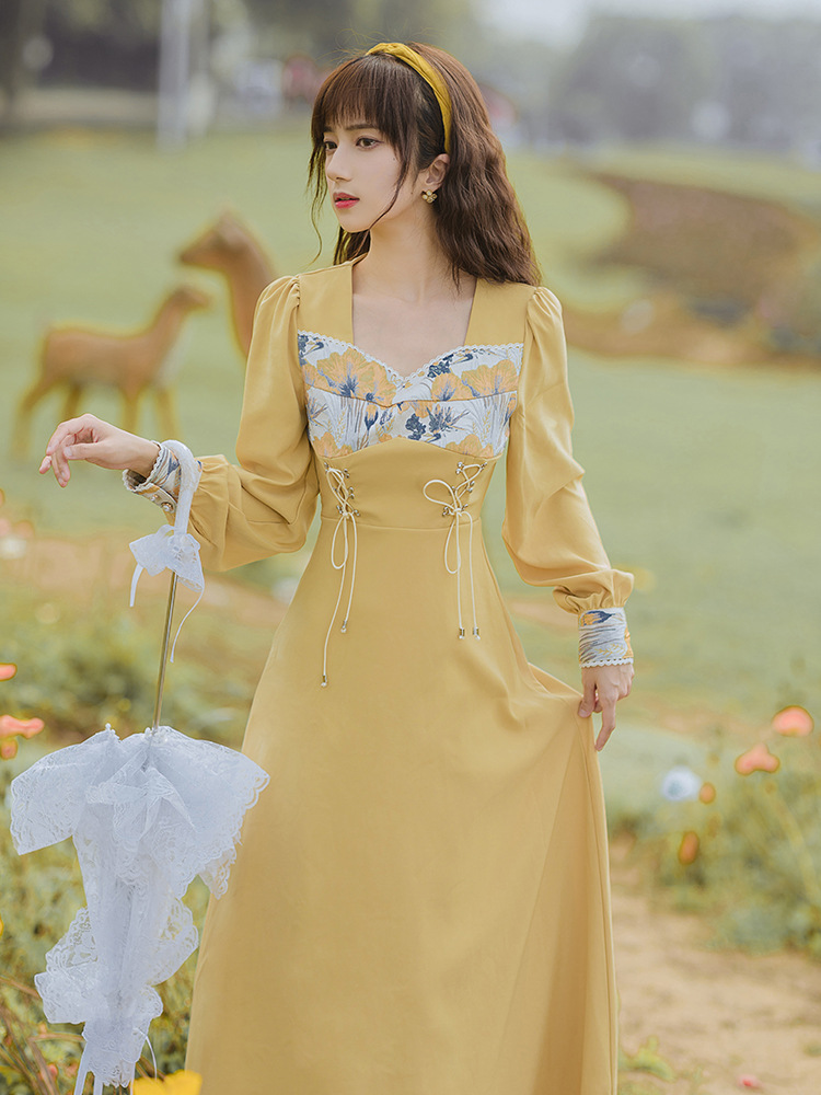 Vintage Oil Painting Jacquard Lace High Waist Slim Dress