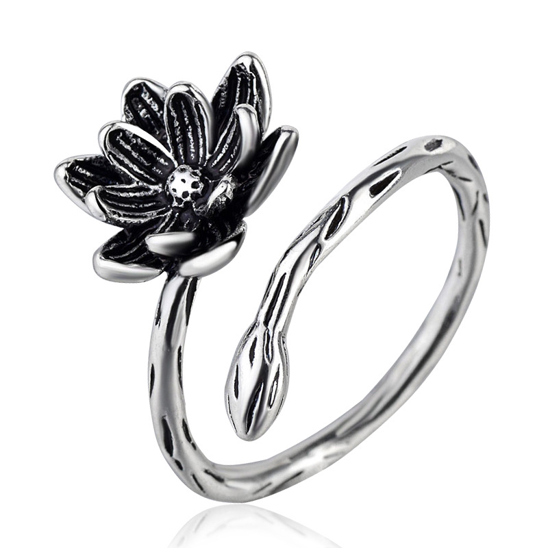Cold Wind Dyed Black Creative Retro Personality Ring Lotus Opening