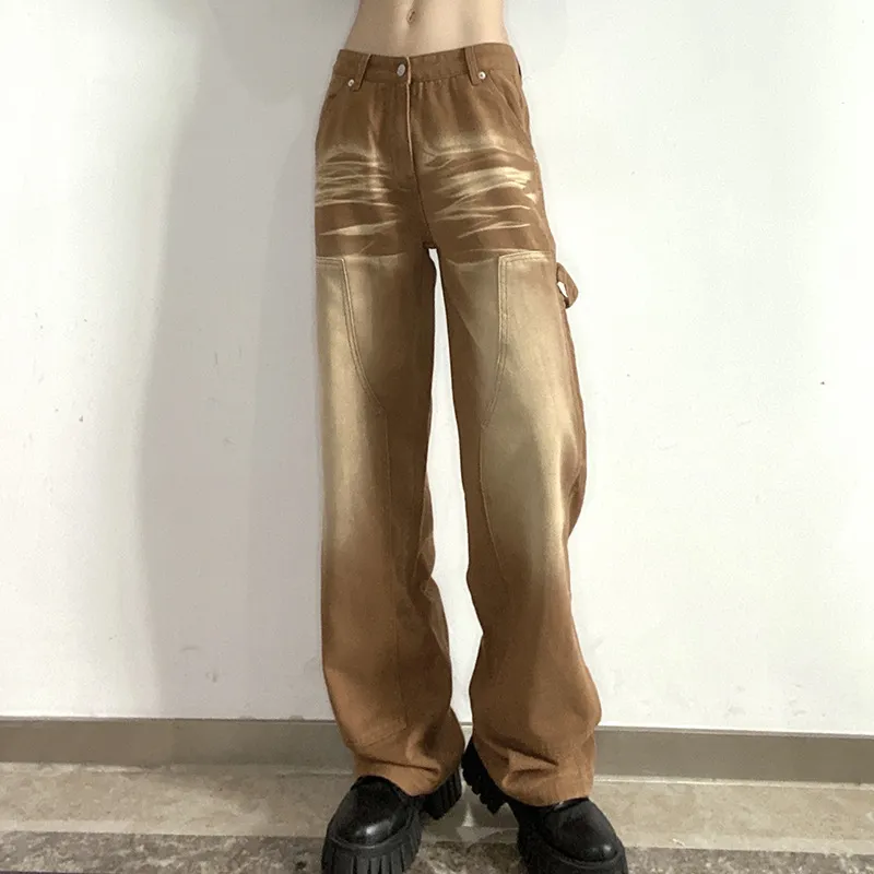 Belt Design Gradient Brown High Waist Slimming Loose Straight-leg Pants - Brown