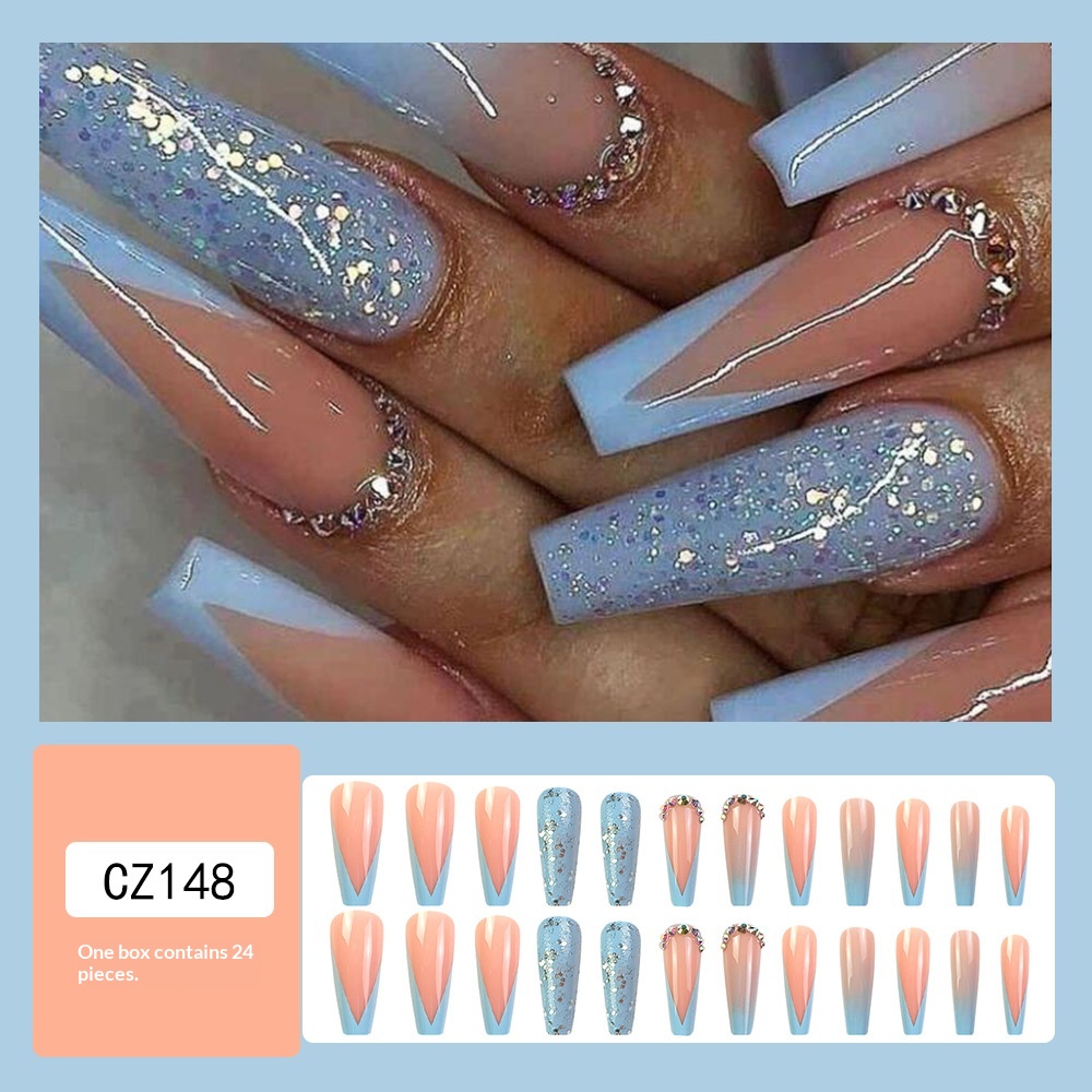 24-piece Long Coffin-shaped Autumn-winter Nail Pressing Nail Y2K Style White-edge With Curved-line Diamond Design Full-cover Nails Suitable For Women And Girls