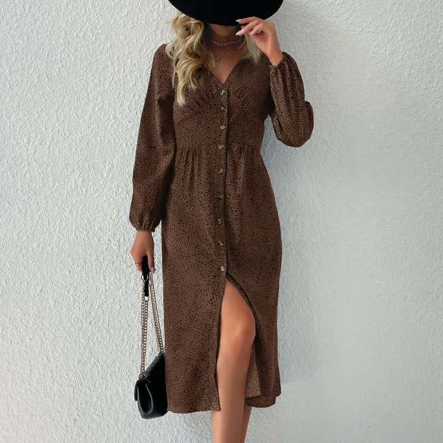 Long Sleeve Leopard V Neck Cardigan Dress Coffee - Shop at LoveMi