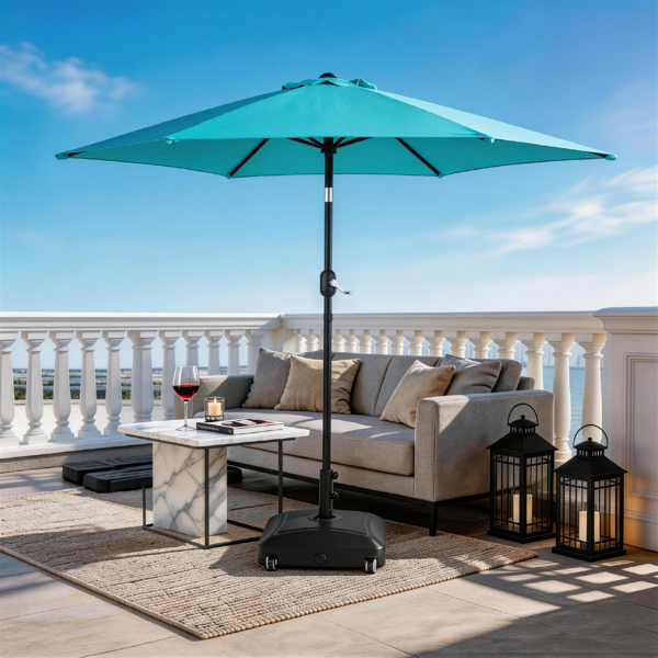 9ft Patio Umbrella, Outdoor Market Umbrella With Push Button Tilt, Crank Handle, 6 Sturdy Iron Ribs, UPF Waterproof Polyester Canopy, KD Design For Garden, Deck, Backyard, Poolside, Sky Blue - Image 2