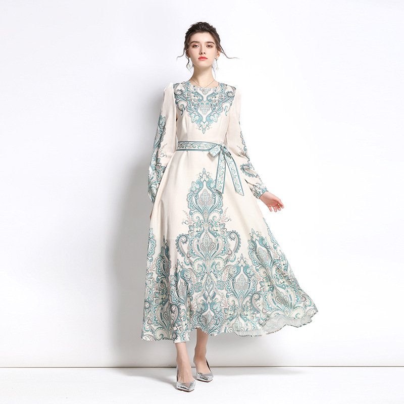 Round Neck Pullover Positioning Printing Dress Long Skirt