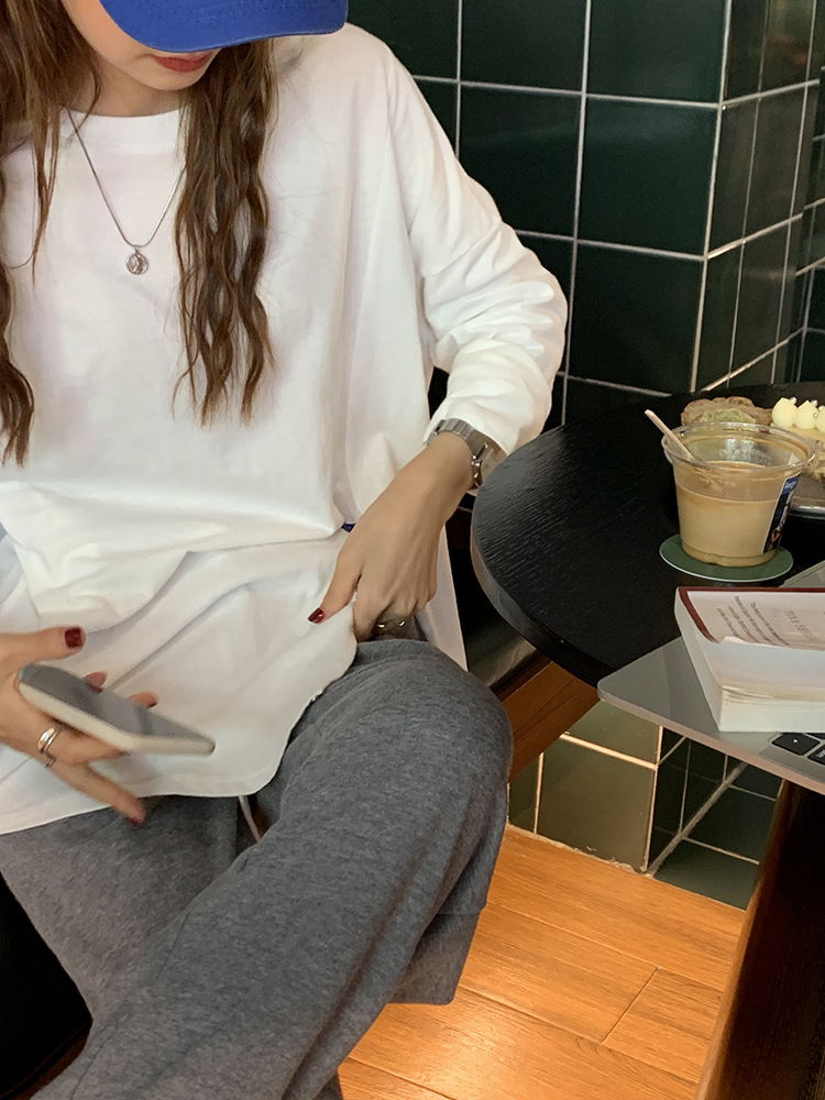 Simple Label Slit Long Sleeve T-shirt For Women, Autumn Korean Edition