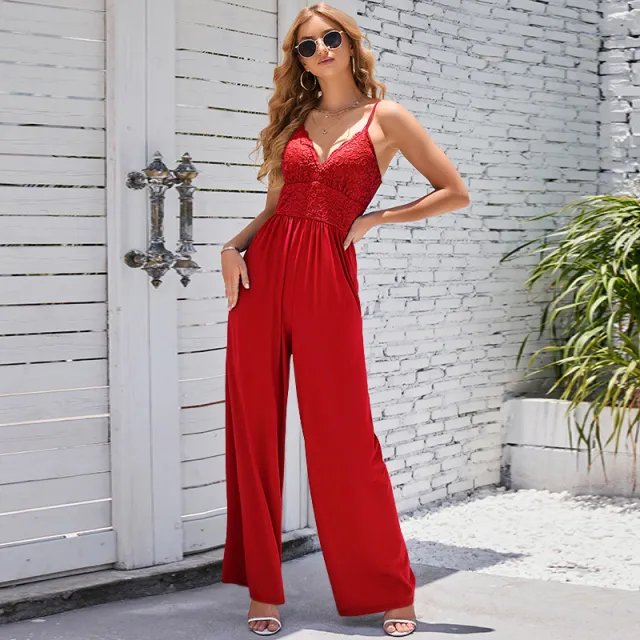 Backless Sleeveless Straight Lace Jumpsuit Red - Shop at LoveMi