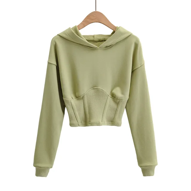 European And American Slim Fitting Navel Solid Hooded Sweater Green - Shop at LoveMi