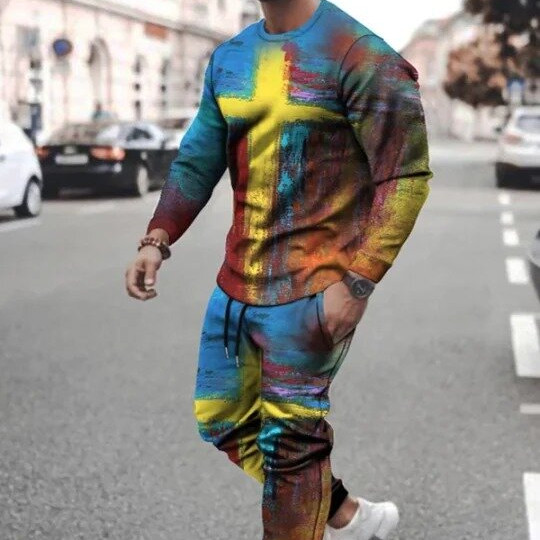 3d Digital Printing Crew Neck Sweater Sports Trousers Suit