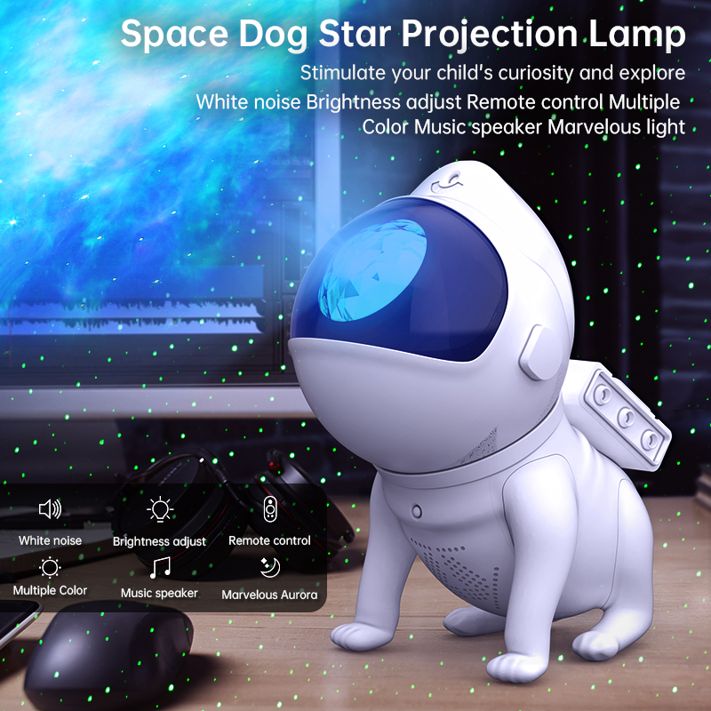 Space Dog Star Light White Beauty projector with adjustable settings and white noise options. Perfect for creating a cozy and romantic ambiance at home. Comes with remote control for easy adjustments and auto timer feature. Includes Bluetooth speaker for 