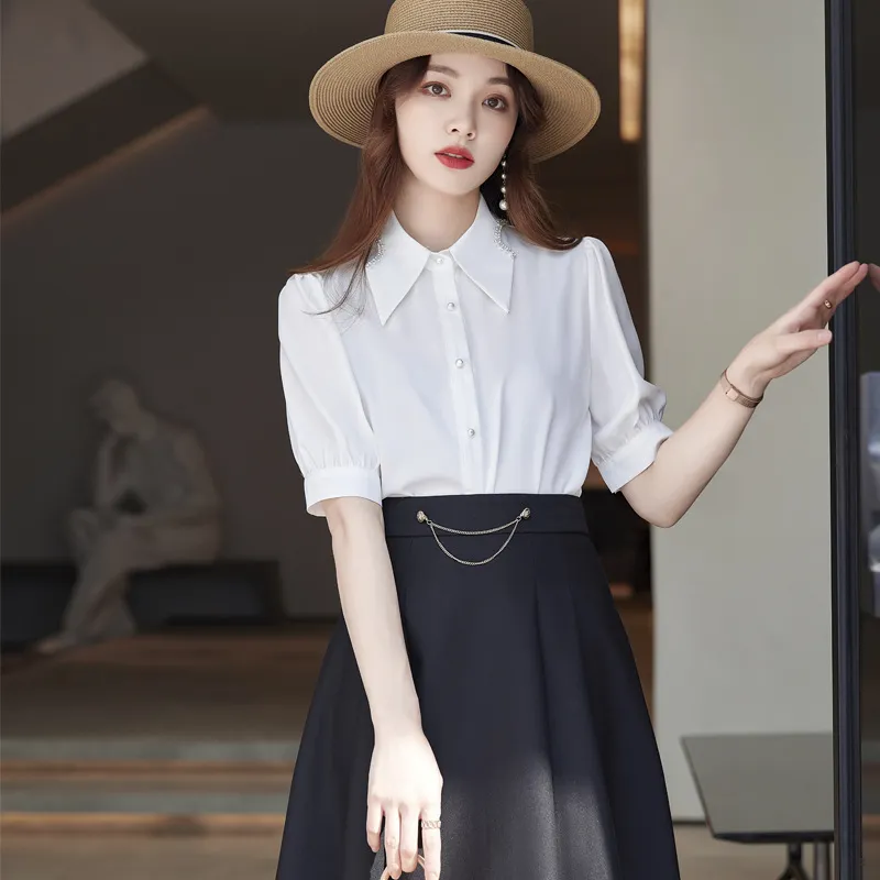 Fashion Short Sleeve Women's Yellow Shirt Business Wear - White