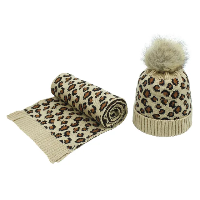 Women's Autumn And Winter Leopard Print Hair Ball Hat Scarf Set Camel - Shop at LoveMi