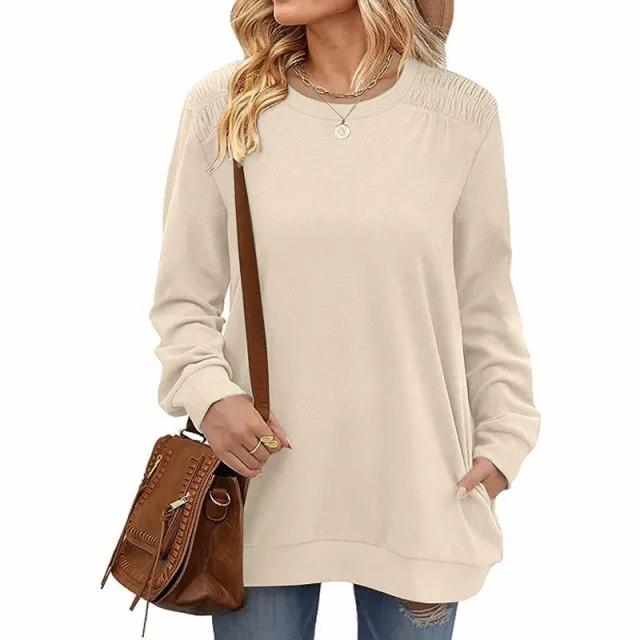 Fashion Long Sleeve Pullover Sweatshirt With Pockets Casual Loose Solid Color Top Womens Clothing Apricot - Shop at LoveMi