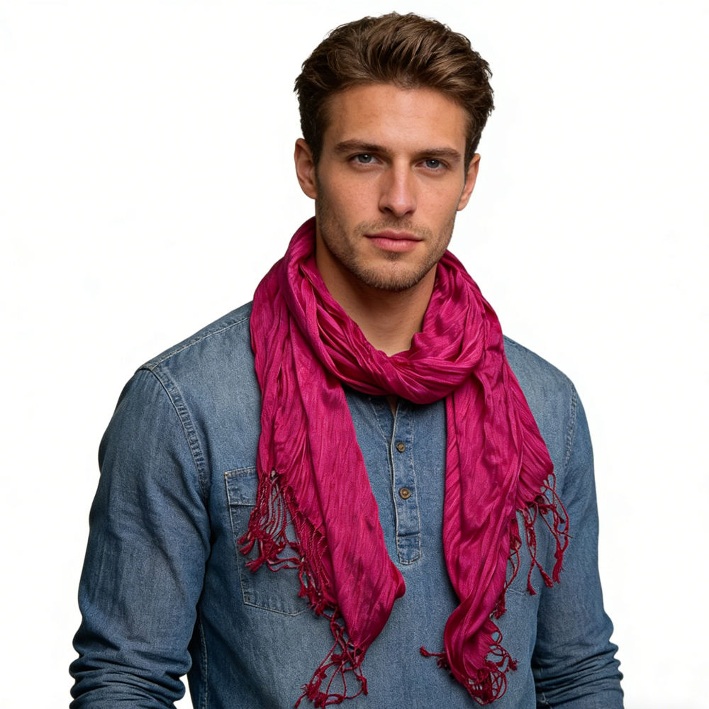 2pcs Electric Vibrant P Ink Crinkle Texture Scarf ,Eye Catching With Denim,vacation,daily Life,evening Party,Office Appropriate Subtlety For Women Men