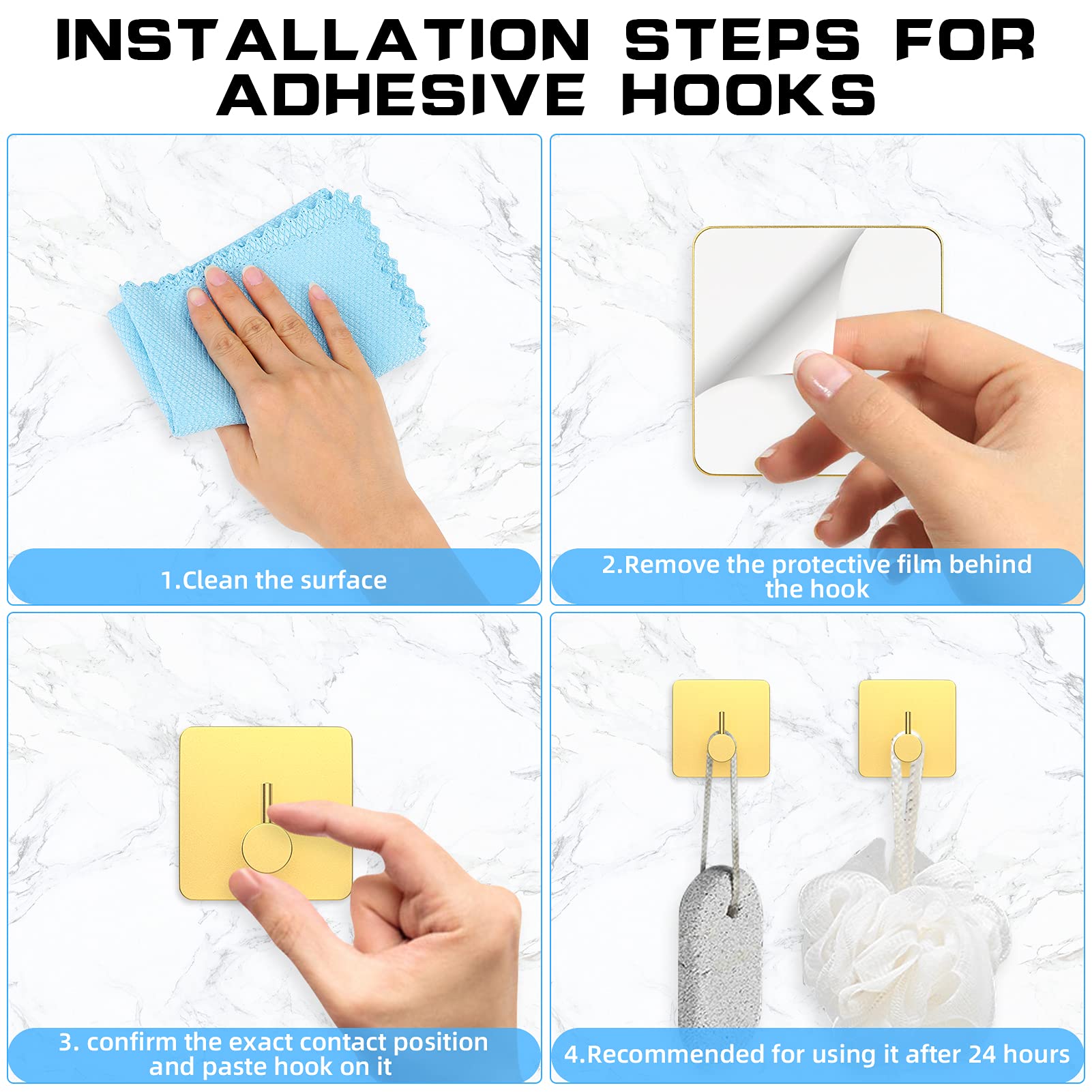 Self-adhesive Towel Hooks, Towel Hooks Without Drilling, Rustproof Coat Hooks, Bathrobe Hooks, Stainless Steel Wall Hooks For Kitchen And Bathroom  Gold - 4 Pack