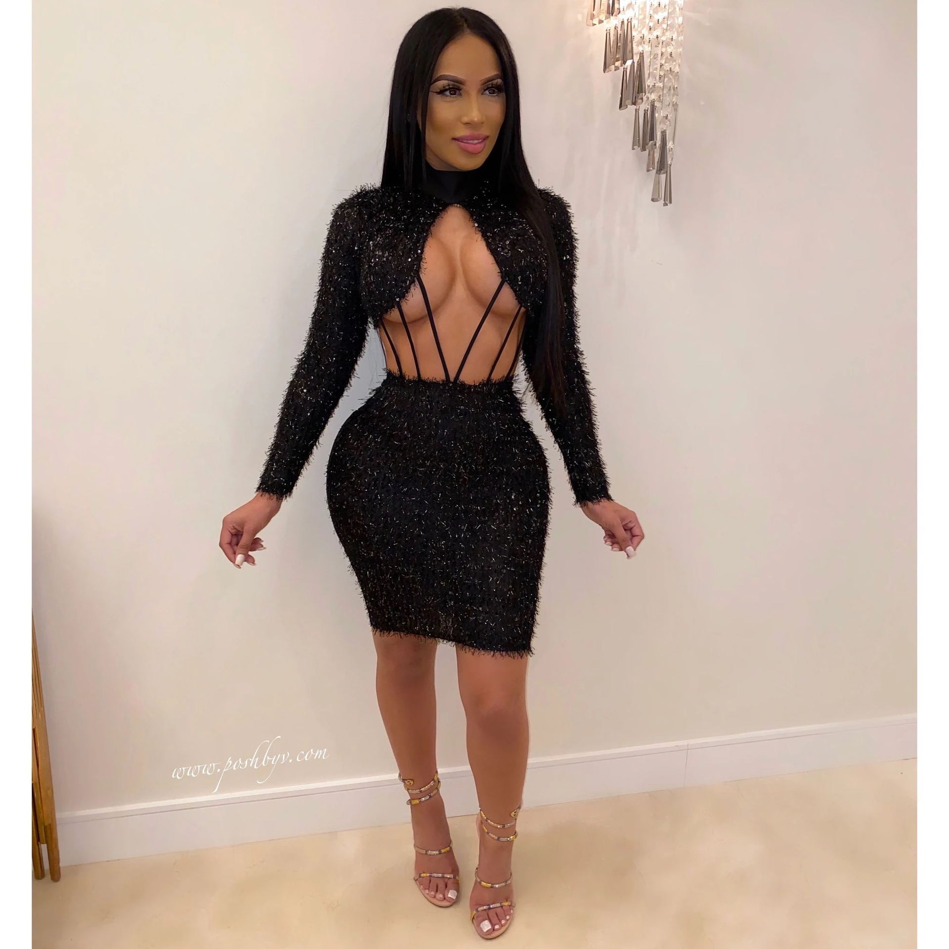 Plush Beaded Embroidered Fashion Stretchy Lining Mini Dress — image 1