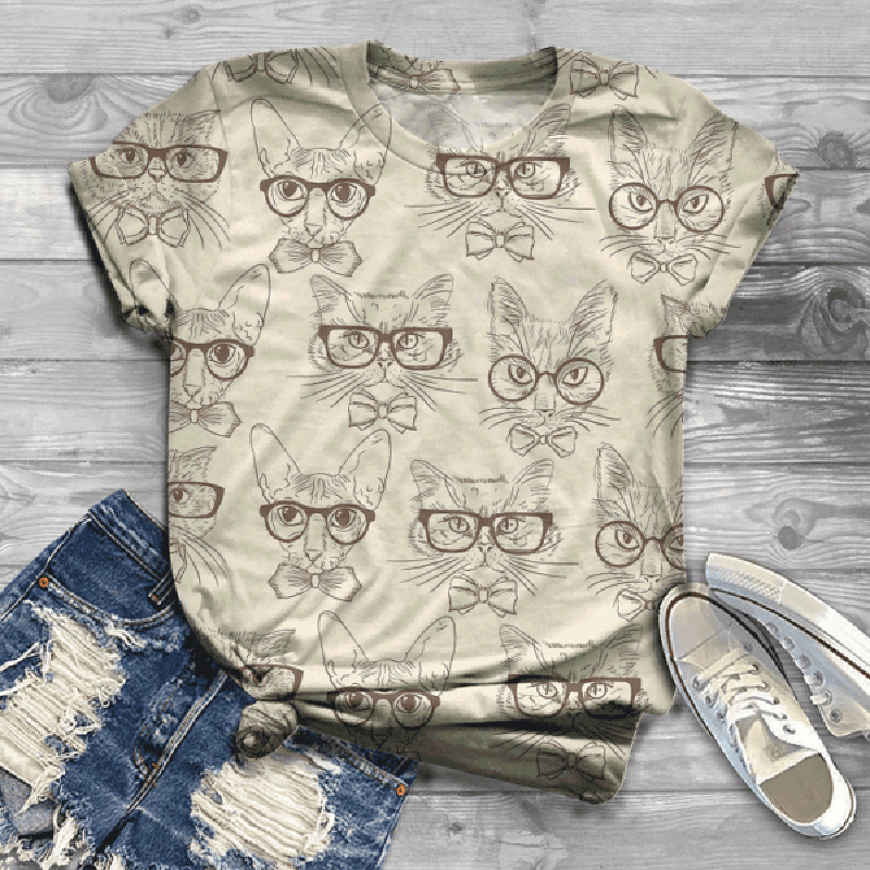 Title 5, Fashion Digital Cat Print Female T Short Sleeve