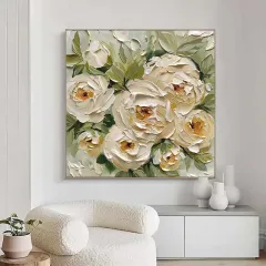 Hand-Painted Abstract Oil Painting On Canvas Modern Thick Oil Wall Art Picture Green Leaves Yellow Rose Flowers Mural For Home Decor - Without Inne... - View 1