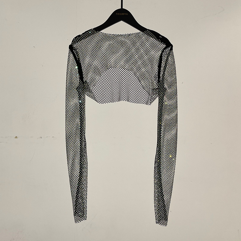 Title 5, Rhinestone Crystal Long-sleeved Shiny Net Shirt...