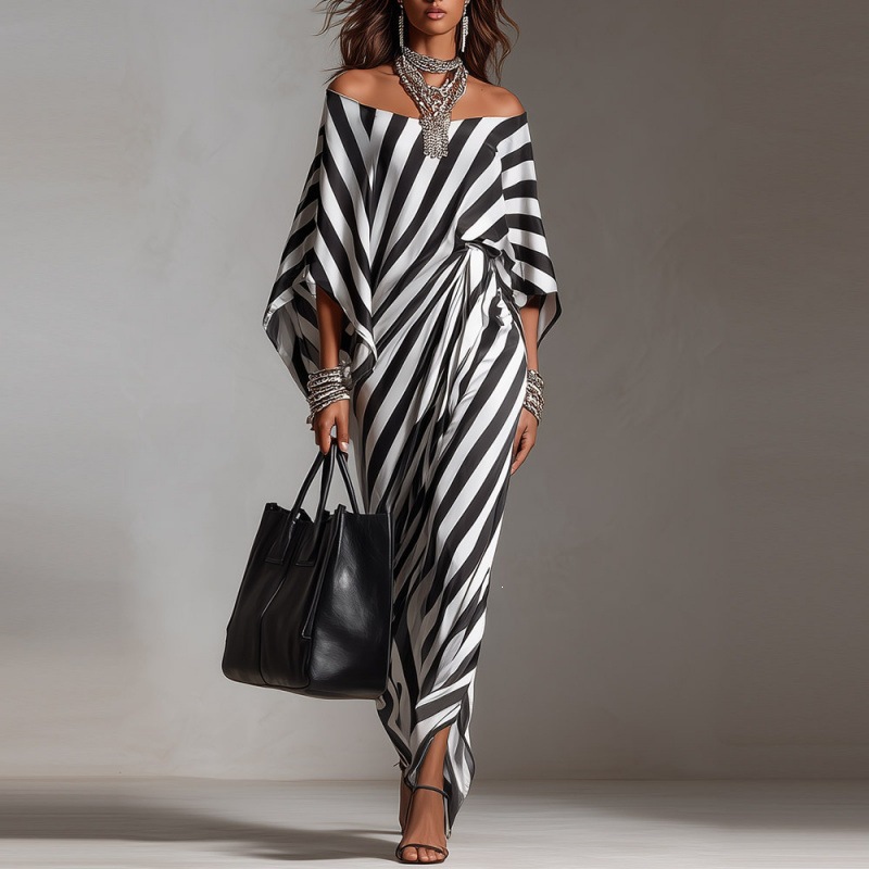 Striped Off-Shoulder Loose Women Dress