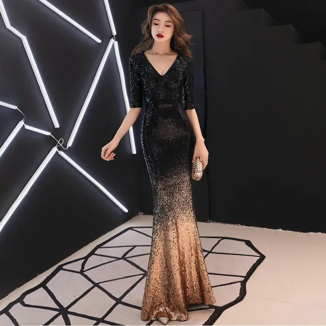 Sequined Annual Meeting Mermaid Dress Black Gold - Shop at LoveMi