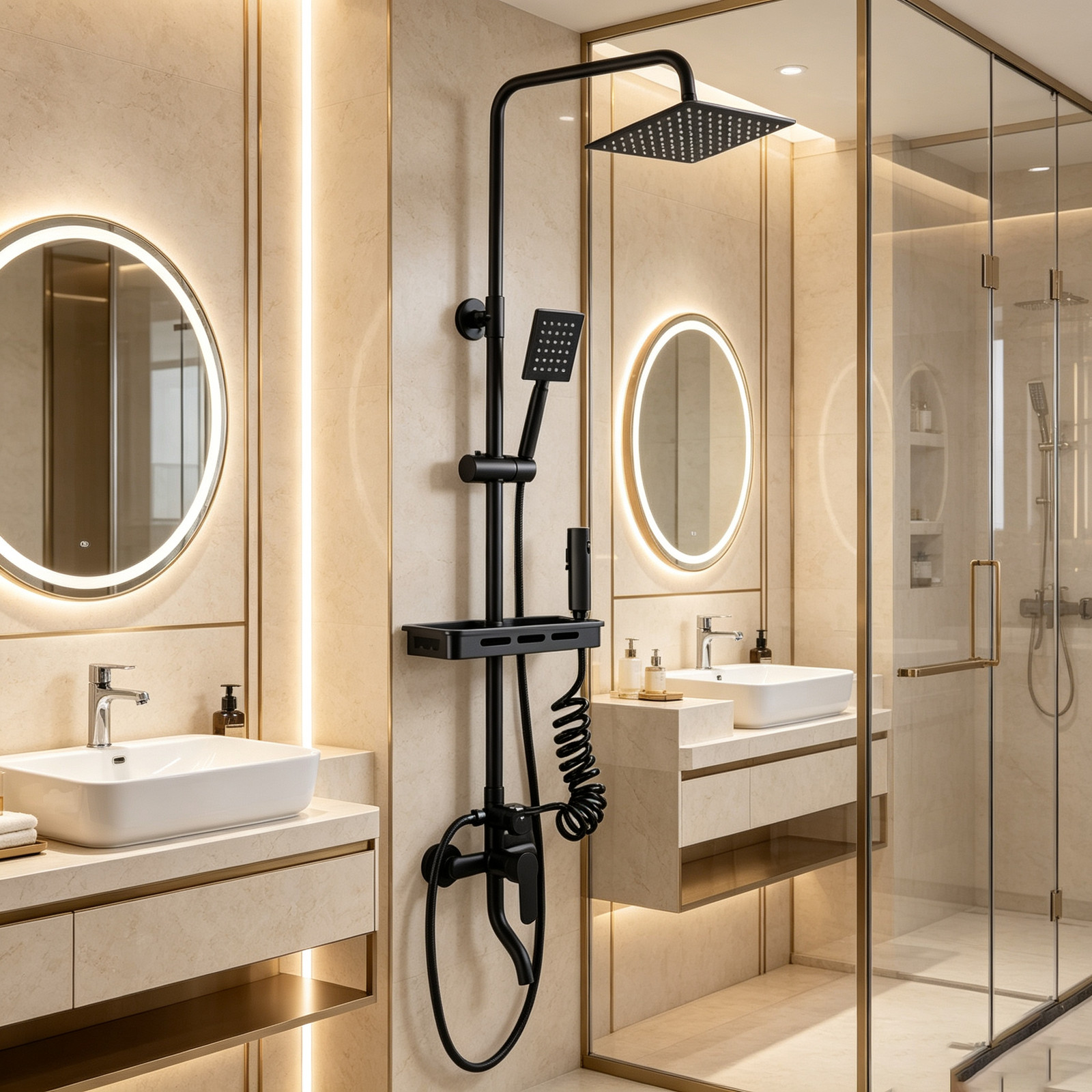 4-Way Diverter Black Bathroom Shower Mixer Twin Head Large Square Bar Set