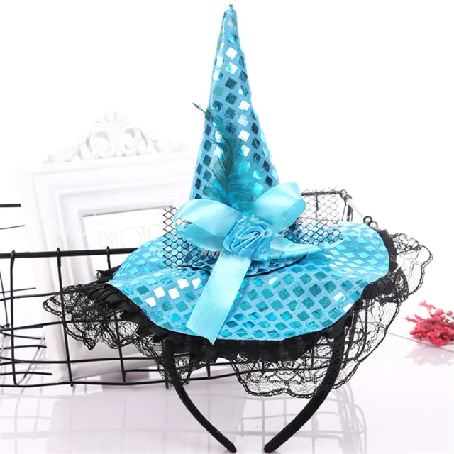 Halloween Decoration Witch Hat Headband, Masquerade Show Lace Sequin Hat Headband Blue - Shop at LoveMi