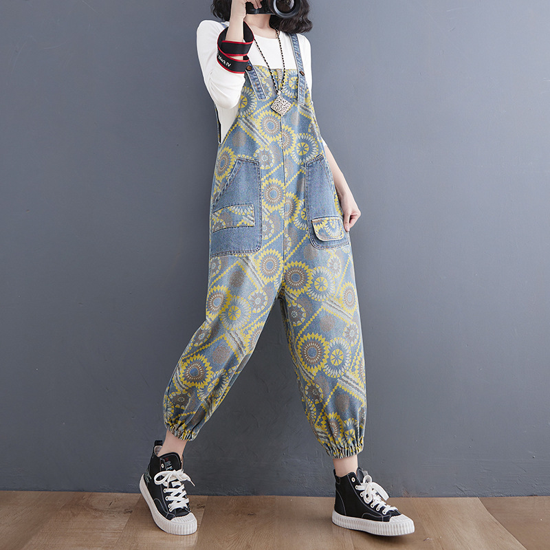 Title 6, Spring Lean Print Jean Overalls For Women