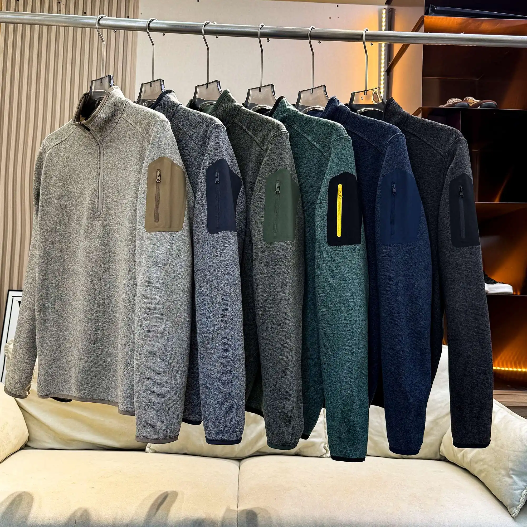 Men Quarter Zip Knit Fleece Pullover, Stand