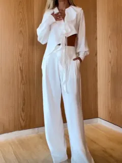 Ruffled Irregular Hem Top & High Waist Pants Suit - White - View 1