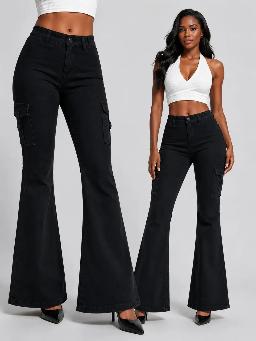 Women's High-quality Stretch Vintage Washed Cargo Flare