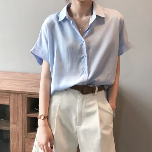 Women's Solid Color Loose Chiffon Short Sleeve Shirt Blue - Shop at LoveMi
