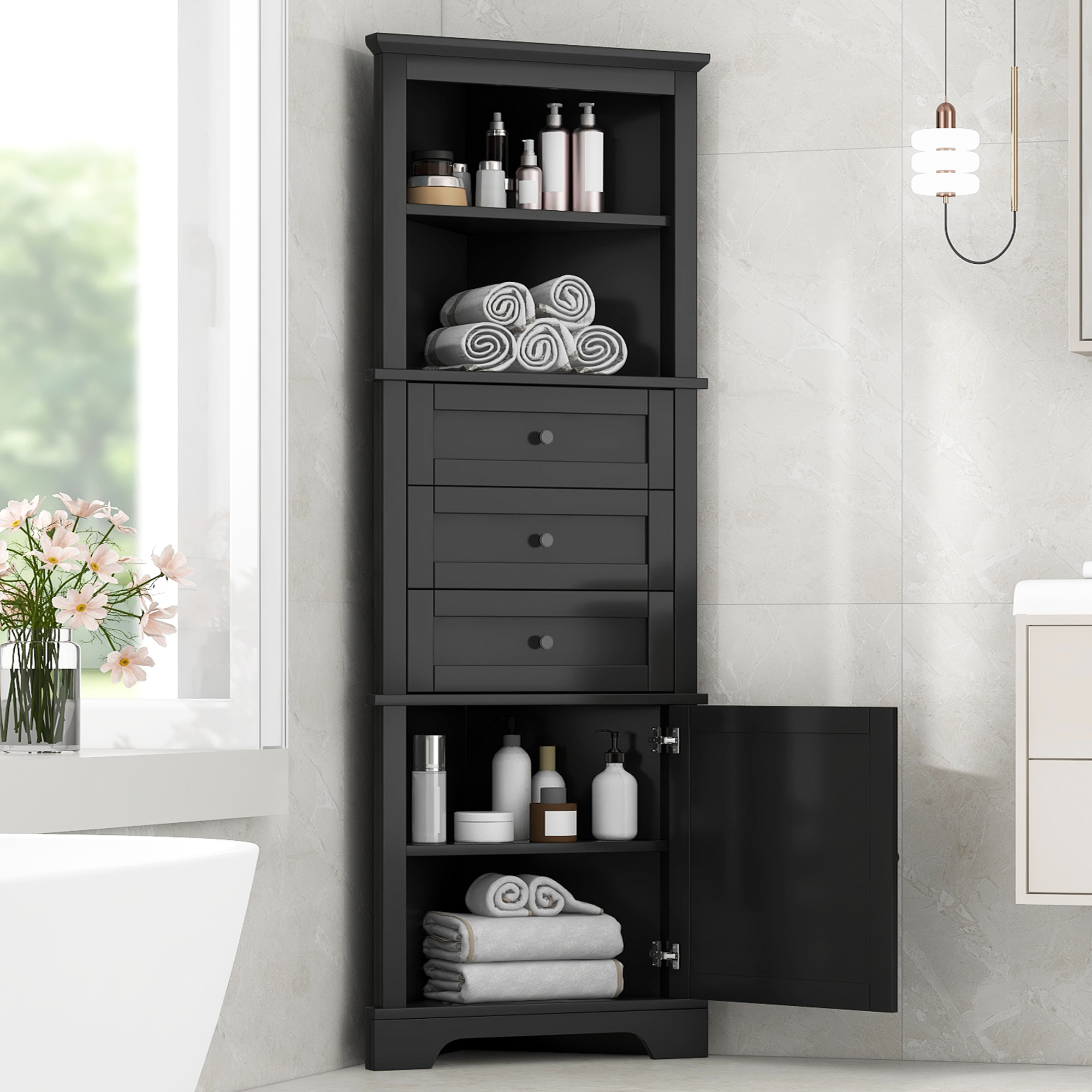 Black Triangular High Cabinet With 3 Drawers And Adjustable Shelves, Suitable Fo
