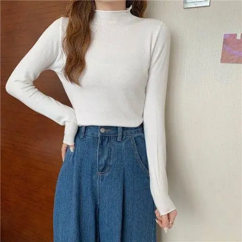 Candy colored Core spun Yarn Crimped Sweater White - Shop at LoveMi