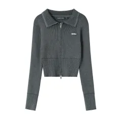 New Lapel Two-way Zipper Sweet And Spicy Knitted Cardigan Slim Top - Balck Grey - View 1