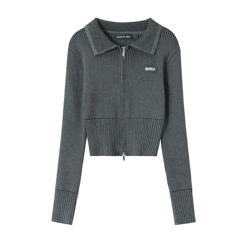 New Lapel Two-way Zipper Sweet And Spicy Knitted Cardigan Slim Top - Balck Grey