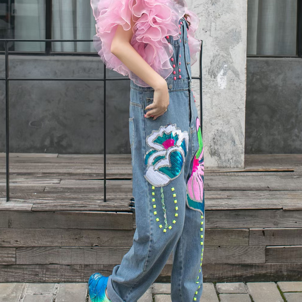 Sequin Flower Rhinestone With Mesh Flying Sleeve Denim Jumpsuit - Image 3