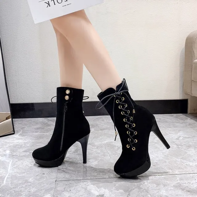 European And American Autumn And Winter High Heel Lace Up Short Boots Black - Shop at LoveMi