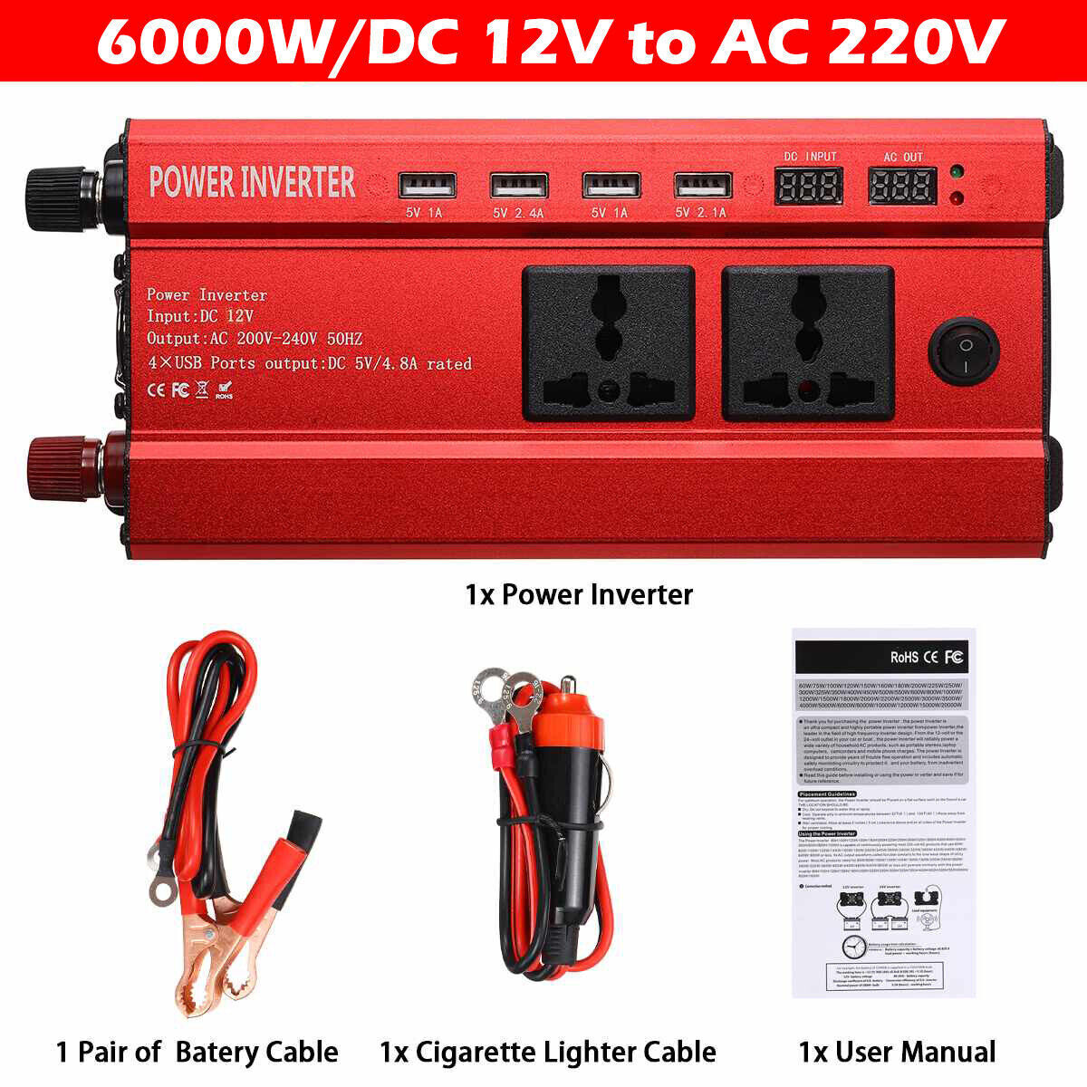 6000W Car Power Inverter Converter DC 12V To AC 240V 4 USB 2 UK Socket Sine Wave 10