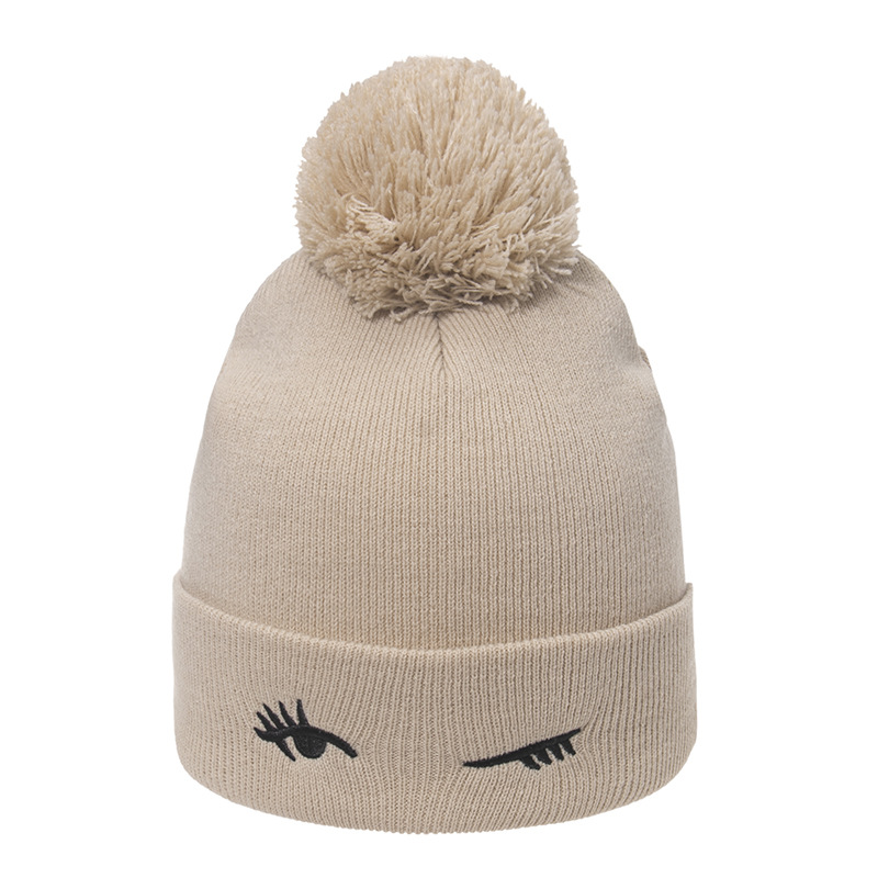 Blink Embroidery Cute Wool Plus Velvet Thick Knitted Hat Apricot - Shop at LoveMi