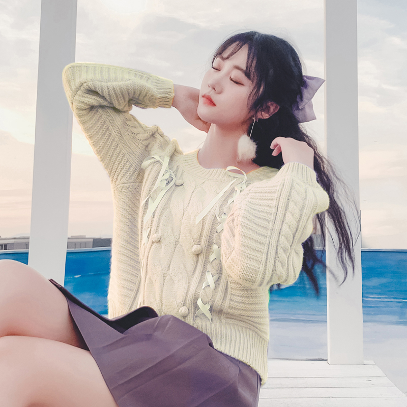 Purple  Women's Round Neck Loose Outer Wear Niche Ribbon Knitted Sweater